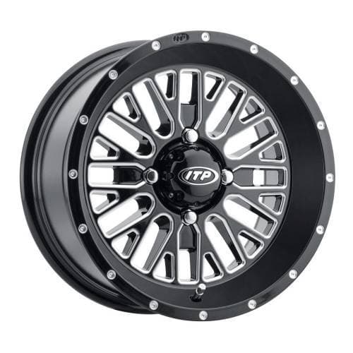ITP, Momentum Gloss Blk/Mach, 14x7 wheels, (4/110) 4+3 Offset