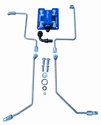 CNC Fabrication 4-Line Feed Valley Mount Fuel Line Kit for Ford (1999.5-03) 7.3L Power Stroke, Valley Mount, Regular Return (Blue)