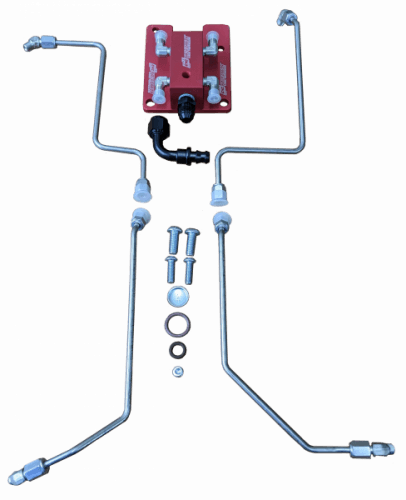 CNC Fabrication 4-Line Feed Valley Mount Fuel Line Kit for Ford (1999.5-03) 7.3L Power Stroke, Valley Mount, Regular Return (Red)