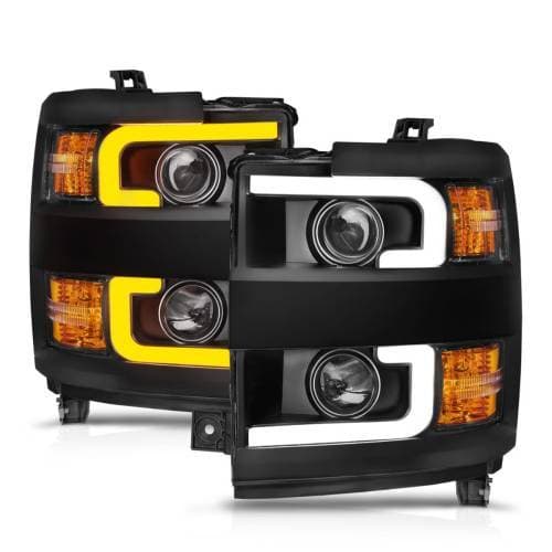 Anzo Projector Switchback Headlights for Chevy (2015-19) 2500HD/3500HD (Gloss Black Trim, Halogen Models Only) 