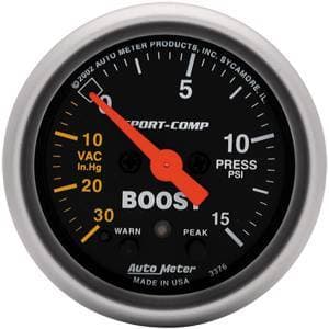 Auto Meter Sport-Comp Series, Boost/Vacuum Pressure 30" HG/15psi (Full Sweep Electric) w/ Warning