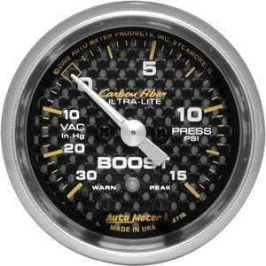 Auto Meter Carbon Fiber Series, Boost/Vacuum 30" HG/15 PSI, w/ Warning (Full Sweep Electric)