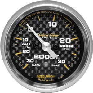 Auto Meter Carbon Fiber Series, Boost/Vacuum 30" HG/30 PSI, w/ Warning (Full Sweep Electric)