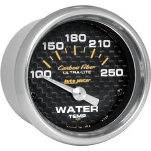 Auto Meter Carbon Fiber Series, Water Temperature 100 - 250 deg. F, (Short Sweep Electric)